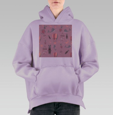 Детский паттерн с милыми зайчиками и воздушными шариками, Hoodie Oversize Fiolet, утепленная