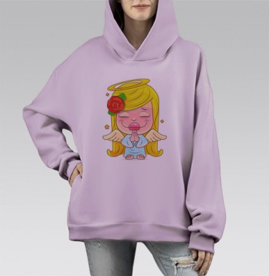 Милый мультяшный ангелочек с розой и крылышками, Hoodie Mono Fiolet, оверсайз, утепленная