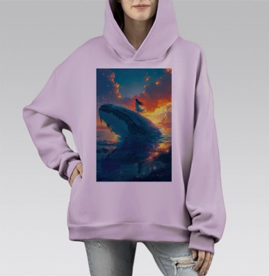 Девочка стоит на гигантском синем ките закатное небо, Hoodie Mono Fiolet, оверсайз, утепленная