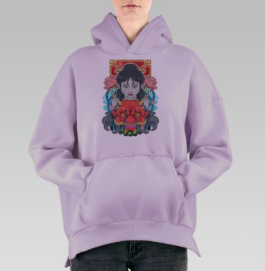 Японская маска Они и женская трансформация, Hoodie Oversize Fiolet, утепленная