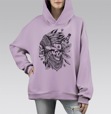 Два черепа Дикого Запада с виски и символами, Hoodie Mono Fiolet, оверсайз, утепленная