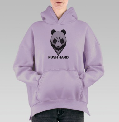 Мотивирующий принт с панды «PUSH HARD», Hoodie Oversize Fiolet, утепленная