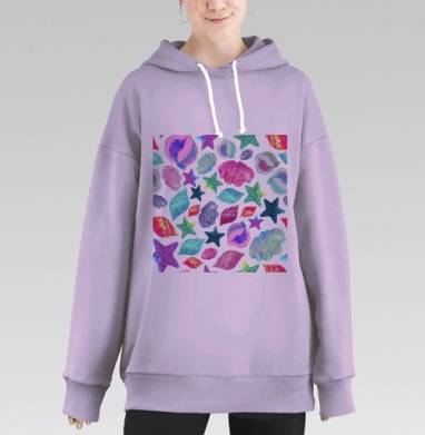 Паттерн с морскими ракушками и звездами в акварели, Hoodie Long Oversize Fiolet