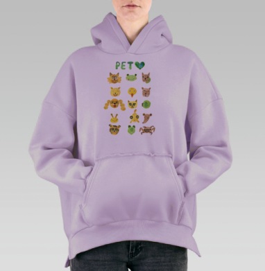 Веселые мордочки домашних питомцев с зеленым сердцем, Hoodie Oversize Fiolet, утепленная