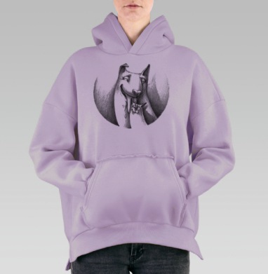 Дружба собаки и кота в карандашной иллюстрации, Hoodie Oversize Fiolet, утепленная