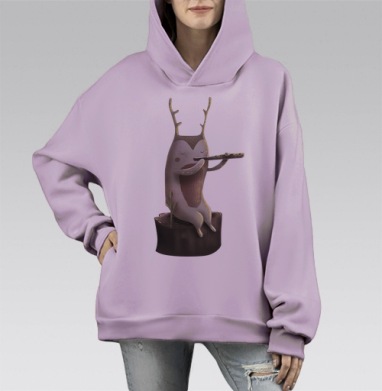 Милый лесной музыкант на пне с флейтой, Hoodie Mono Fiolet, оверсайз, утепленная