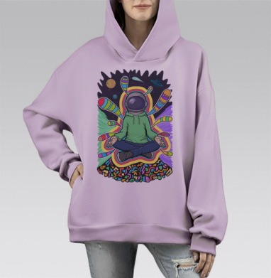 Космонавт в медитации на фоне космоса, Hoodie Mono Fiolet, оверсайз, утепленная