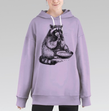 Иллюстрация милого енота с хлебом в черно-белом стиле, Hoodie Long Oversize Fiolet