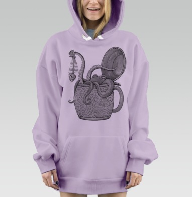 Осьминог с рыбным скелетом в кружке, Hoodie Mjhigh Dig Mel, Fiolet, утепленная