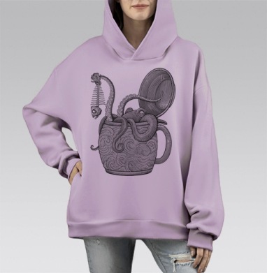 Осьминог с рыбным скелетом в кружке, Hoodie Mono Fiolet, оверсайз, утепленная