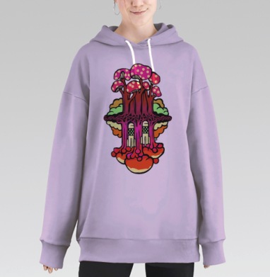 Фантастическое грибное дерево с ракетами в бордовых тонах, Hoodie Long Oversize Fiolet