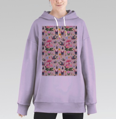 Акварельный паттерн с гномами и лесными мотивами, Hoodie Long Oversize Fiolet