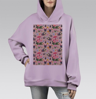 Акварельный паттерн с гномами и лесными мотивами, Hoodie Mono Fiolet, оверсайз, утепленная