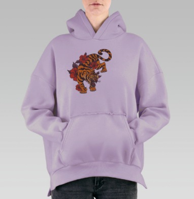 Тигр в агрессивной позе с красными цветами, Hoodie Oversize Fiolet, утепленная