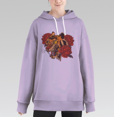 Яростный тигр с красными цветами – символ силы и красоты, Hoodie Long Oversize Fiolet