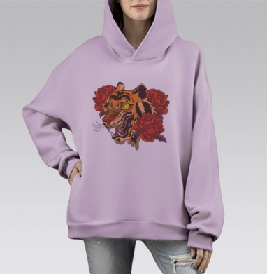 Яростный тигр с красными цветами – символ силы и красоты, Hoodie Mono Fiolet, оверсайз, утепленная