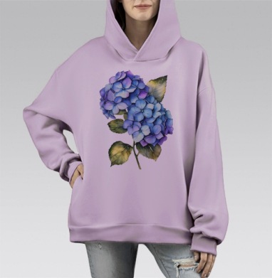 Голубой и фиолетовый букет с зелёными листьями гортензии, Hoodie Mono Fiolet, оверсайз, утепленная