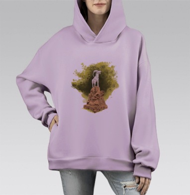 Горный козел на скале под желтым деревом парк Ривьера Сочи, Hoodie Mono Fiolet, оверсайз, утепленная