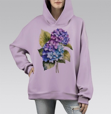 Гортензия букет листья нежность естественная акварель, Hoodie Mono Fiolet, оверсайз, утепленная