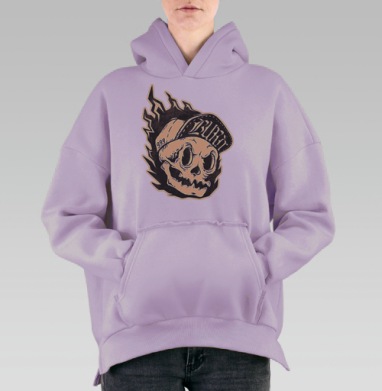 Череп в бейсболке с огнём и надписями 999 BURN, Hoodie Oversize Fiolet, утепленная