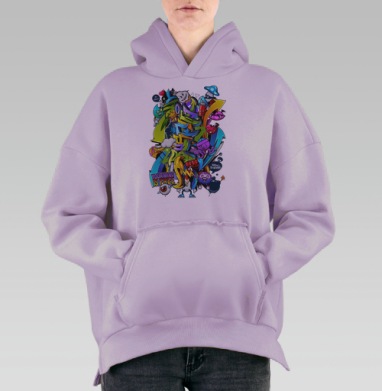 Яркий граффити-калейдоскоп с мультяшным сюрреализмом, Hoodie Oversize Fiolet, утепленная