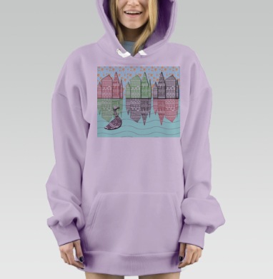 Сюрреалистическая графическая иллюстрация с птицей и отражениями, Hoodie Mjhigh Dig Mel, Fiolet, утепленная