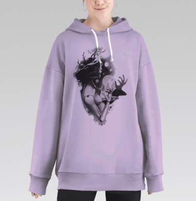 Силуэт Шаманки с Ветвями и Механической Рукой, Hoodie Long Oversize Fiolet