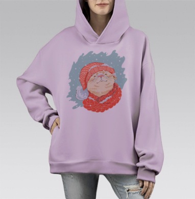 Милый зимний кот в красной шапке и шарфе, Hoodie Mono Fiolet, оверсайз, утепленная