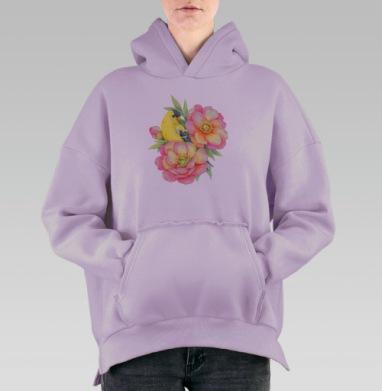 Нежная птица среди розовых цветов, Hoodie Oversize Fiolet, утепленная