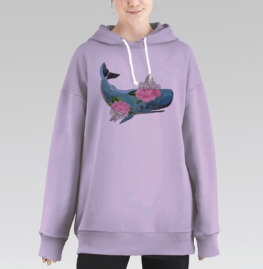 Кит с пионовыми цветами – гармония силы и нежности, Hoodie Long Oversize Fiolet