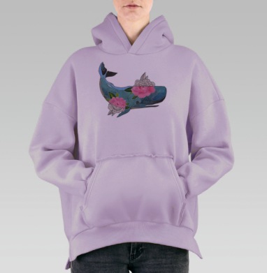 Кит с пионовыми цветами – гармония силы и нежности, Hoodie Oversize Fiolet, утепленная