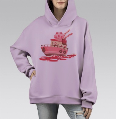 Розовый кораблик с мороженым и клубникой, Hoodie Mono Fiolet, оверсайз, утепленная