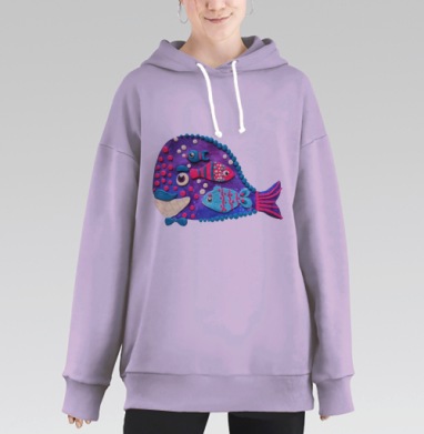 Добродушный сине-фиолетовый кит с рыбками, Hoodie Long Oversize Fiolet