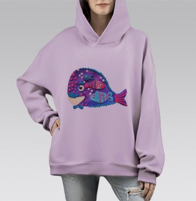 Добродушный сине-фиолетовый кит с рыбками, Hoodie Mono Fiolet, оверсайз, утепленная