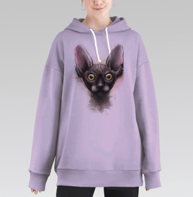 Стильный портрет кошки сфинкс в винтажном стиле, Hoodie Long Oversize Fiolet
