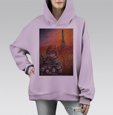 Кот-путешественник в Париже с чемоданом, Hoodie Mono Fiolet, оверсайз, утепленная