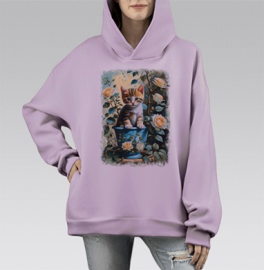 Котёнок в цветочном горшке среди роз котёнок в горшке, Hoodie Mono Fiolet, оверсайз, утепленная
