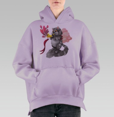 Котёнок-купидон с золотой трубой и сердечками, Hoodie Oversize Fiolet, утепленная