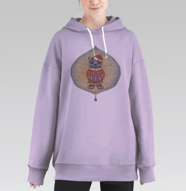 Антропоморфный кот в уютном свитере с свечой, Hoodie Long Oversize Fiolet