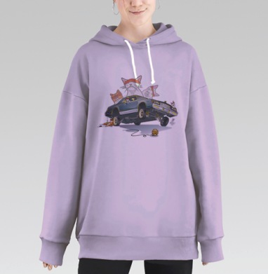 Ироничная иллюстрация с котами-лоурайдерами, Hoodie Long Oversize Fiolet