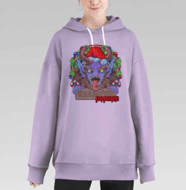 Яркий принт Крампус с надписью «KRAMPUS IS COMING», Hoodie Long Oversize Fiolet