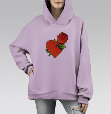 Красное сердце с розой и зелёными листьями на сером фоне, Hoodie Mono Fiolet, оверсайз, утепленная