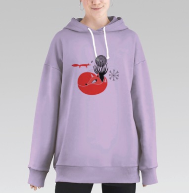 Зимний паттерн с лисами в красно-чёрных тонах, Hoodie Long Oversize Fiolet