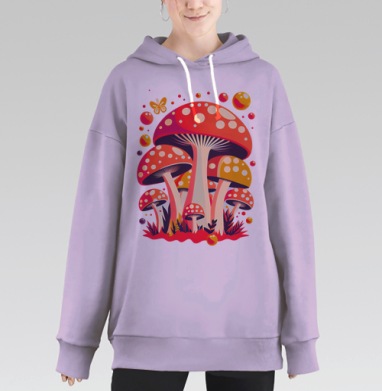 Яркая поп-сюрреалистичная иллюстрация мухоморов, Hoodie Long Oversize Fiolet
