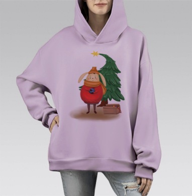 Теплый зайчик в праздничном свитере для украшения елки, Hoodie Mono Fiolet, оверсайз, утепленная