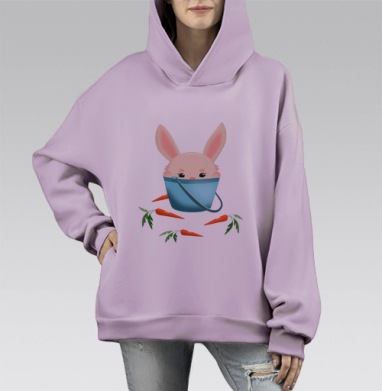 Милый кролик в ведерке — kawaii иллюстрация, Hoodie Mono Fiolet, оверсайз, утепленная
