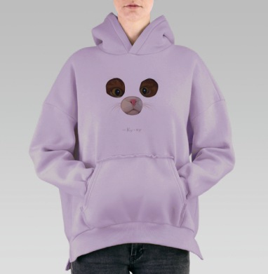 Мягкий арт-принт мордочка кота с надписью Ку-ку, Hoodie Oversize Fiolet, утепленная