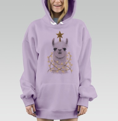 Лама в новогодних огнях с золотой звездой, Hoodie Mjhigh Dig Mel, Fiolet, утепленная