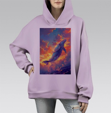 Летающий фэнтези кит в динамичном воздушном полёте, Hoodie Mono Fiolet, оверсайз, утепленная