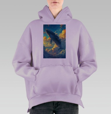Летающий синий кит над облаками мечта вдохновение, Hoodie Oversize Fiolet, утепленная